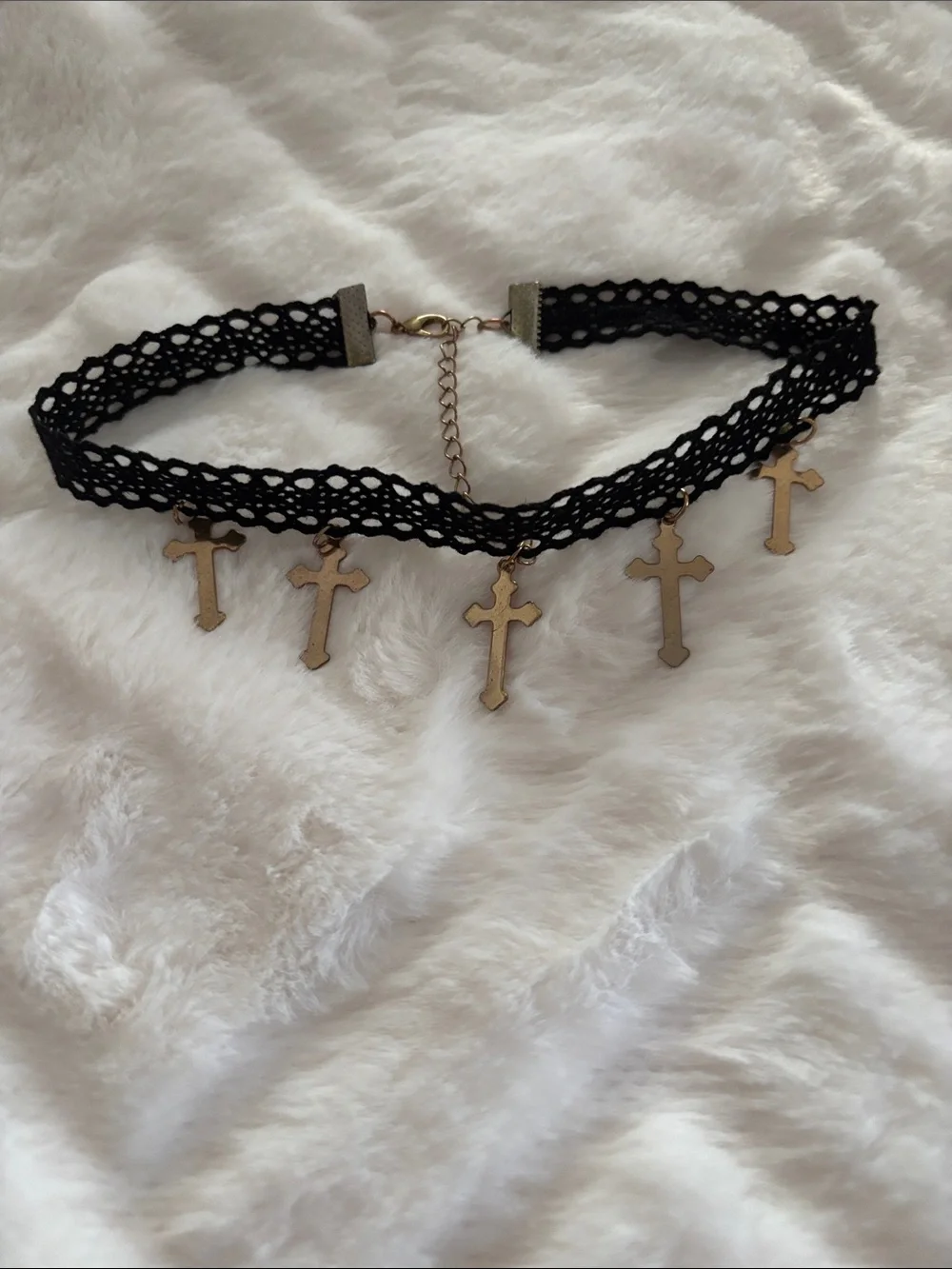 Black Lace Cross Charm Choker Necklace - Gold Crosses